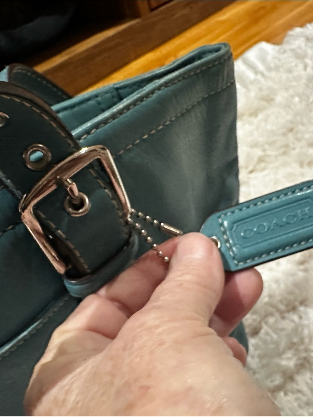 Coach Teal Leather Shoulder Bag with Dual Buckle Straps - Picture 2 of 5